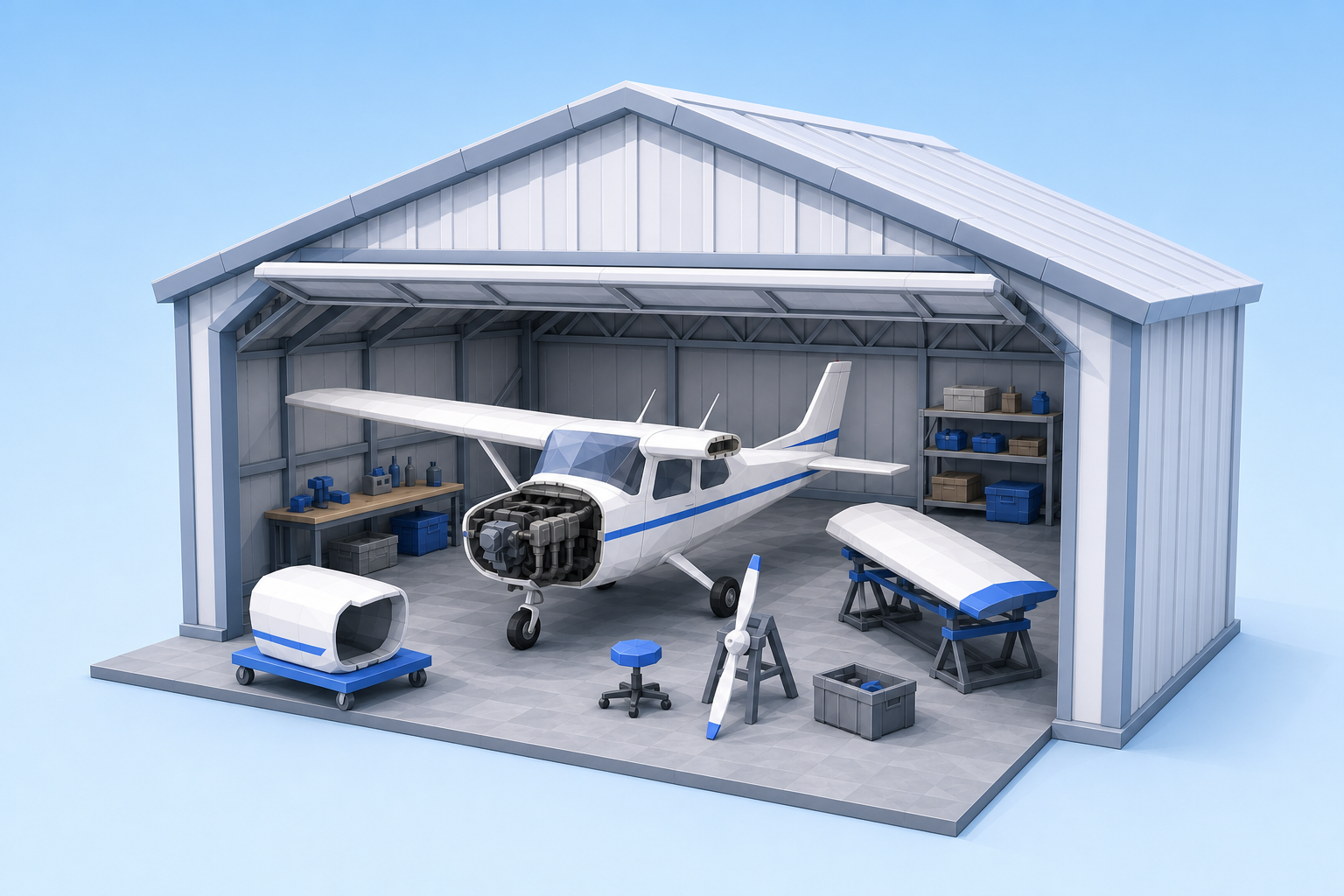Low-poly hangar with a training airplane partly taken apart for maintenance